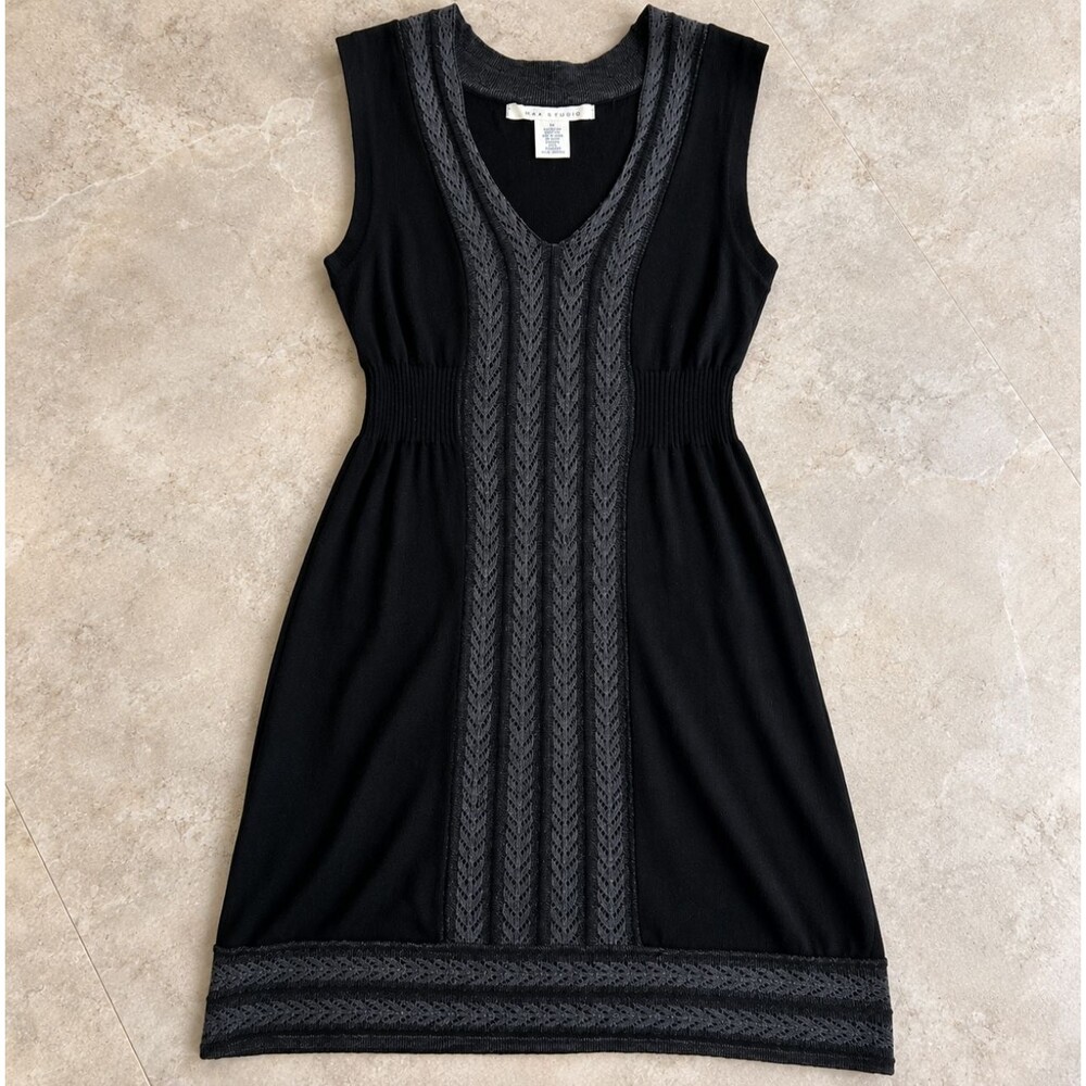 Max Studio Womens M Black Knit Sweater Dress Sleeveless V Neck Crochet Boho